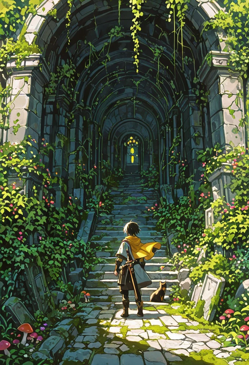 masterpiece, very aesthetic, very intricate, vibrant colors, 1boy, solo, A young adventurer in a dungeon holding a little sword in front of an brightly glowing treasure with his dog at his side. The dungeon is very old and overgrown. Ruins, stones, stonework. Mushrooms, vines, moss.