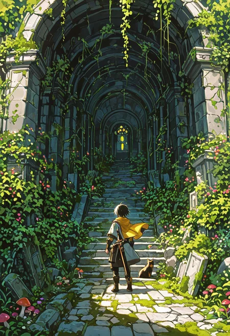 masterpiece, very aesthetic, very intricate, vibrant colors, 1boy, solo, A young adventurer in a dungeon holding a little sword in front of an brightly glowing treasure with his dog at his side. The dungeon is very old and overgrown. Ruins, stones, stonework. Mushrooms, vines, moss.