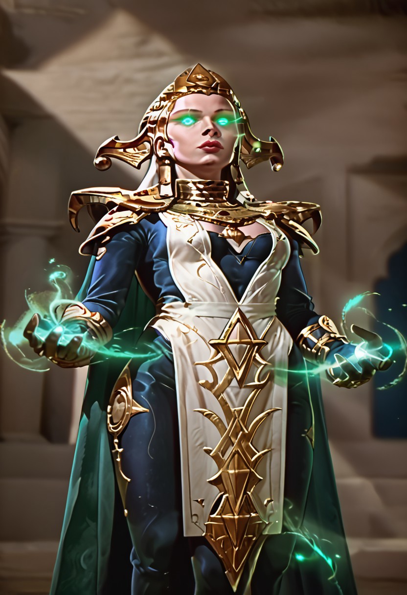 masterpiece, best quality, amazing quality, very aesthetic, high resolution, ultra-detailed, absurdres, BagdadThief, HelaE, 1girl, solo, headdress, bodysuit, pelvic curtain, medium breasts, cleavage, shoulder armor, cape, glowing eyes, magic, aura, gorget, full lips, gloves,