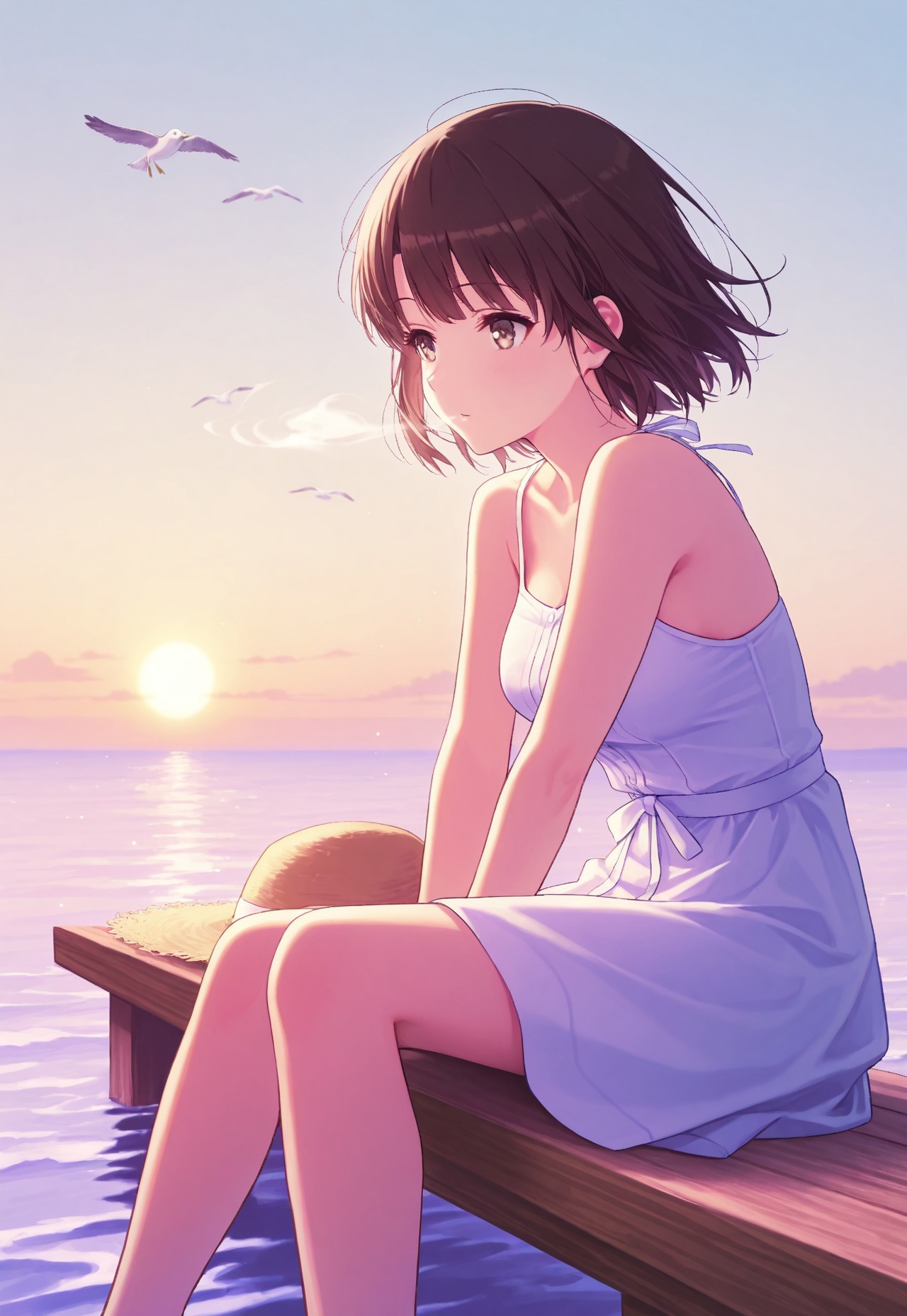 safe_pos, masterpiece, best quality, 1girl,Megumi <lora:IL-KatoMegumi:0.8>,brown hair,katou megumi,brown eyes,medium breasts, short hair, masterpiece, best quality, seaside theme, sitting on a wooden pier with her feet lightly dipping into the water, wearing a light sky-blue sundress with a straw hat resting beside her, calm ocean waves reflecting the golden hues of the setting sun, soft wind blowing her hair gently, serene and reflective expression, distant seagulls flying in the horizon, warm and pastel tones, low-angle perspective, peaceful and picturesque atmosphere,((eye fix))