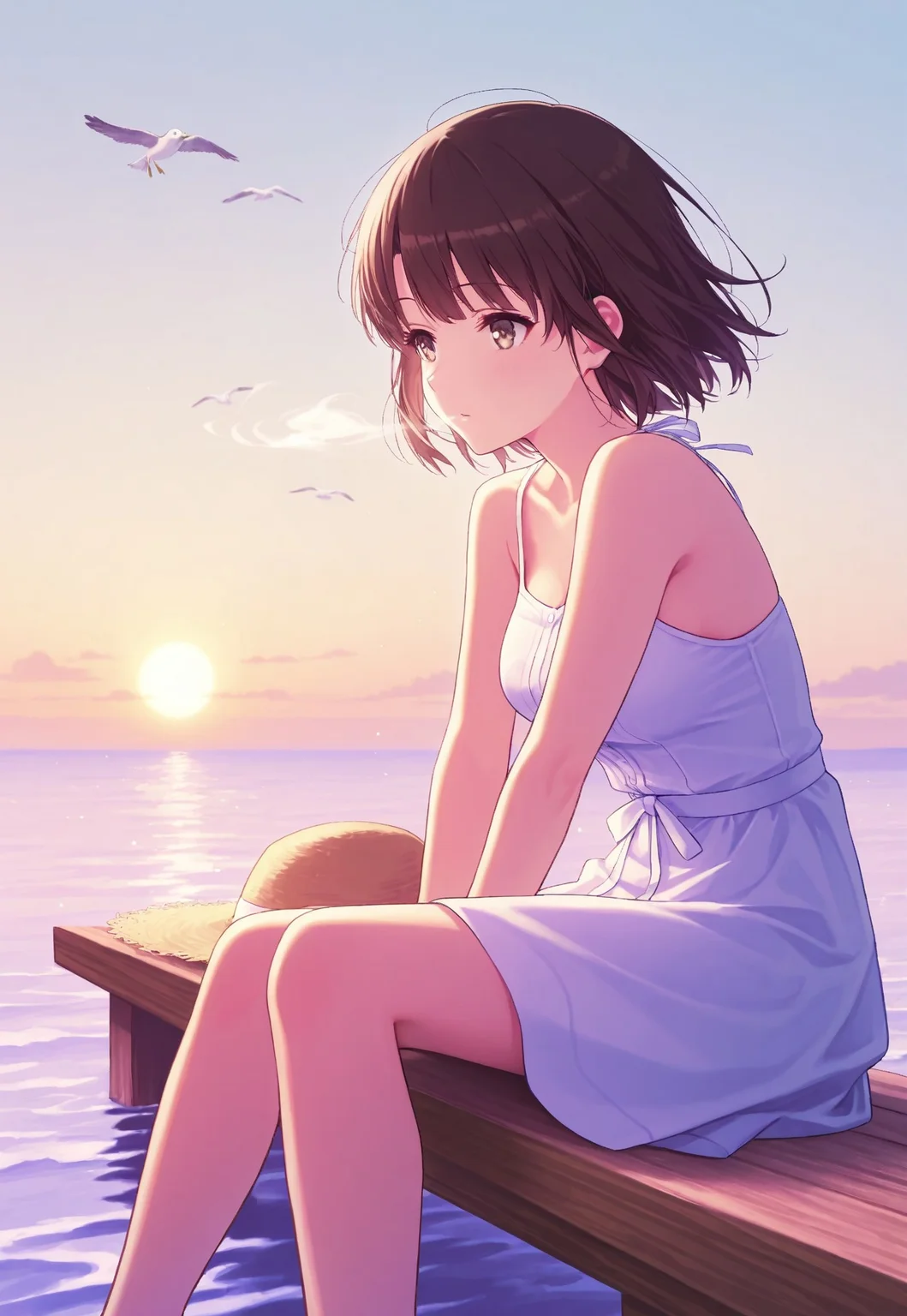 safe_pos, masterpiece, best quality, 1girl,Megumi <lora:IL-KatoMegumi:0.8>,brown hair,katou megumi,brown eyes,medium breasts, short hair, masterpiece, best quality, seaside theme, sitting on a wooden pier with her feet lightly dipping into the water, wearing a light sky-blue sundress with a straw hat resting beside her, calm ocean waves reflecting the golden hues of the setting sun, soft wind blowing her hair gently, serene and reflective expression, distant seagulls flying in the horizon, warm and pastel tones, low-angle perspective, peaceful and picturesque atmosphere,((eye fix))
