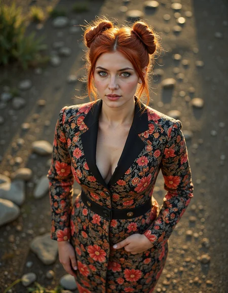 Reflected light,Kodak Ektar 100,elegant highly detailed digital painting artstation concept art smooth sharp focus,Quarry,birds-eye-view shot,dressed in a couture blazer dress with bold embroidery and a cinched waist,Carrot hair,Double Bun,a Gorgeous woman