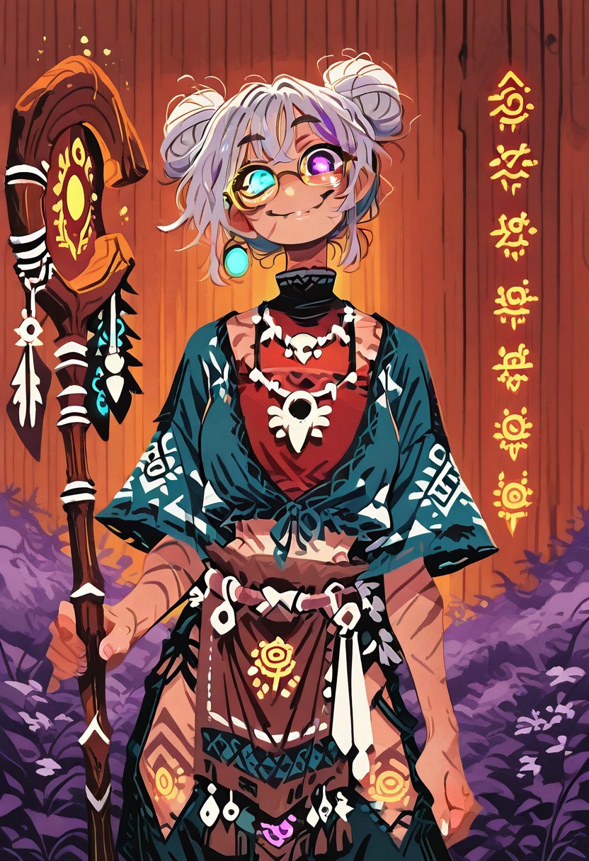 masterpiece, best quality, very aesthetic, absurdres, baro_style ,1girl,  solo, silver bun hair, wise smile, wrinkles, spectacles, heterochromia, one gold eye one purple eye, traditional tribal shaman clothes, wooden staff with glowing runes, animal bone necklace