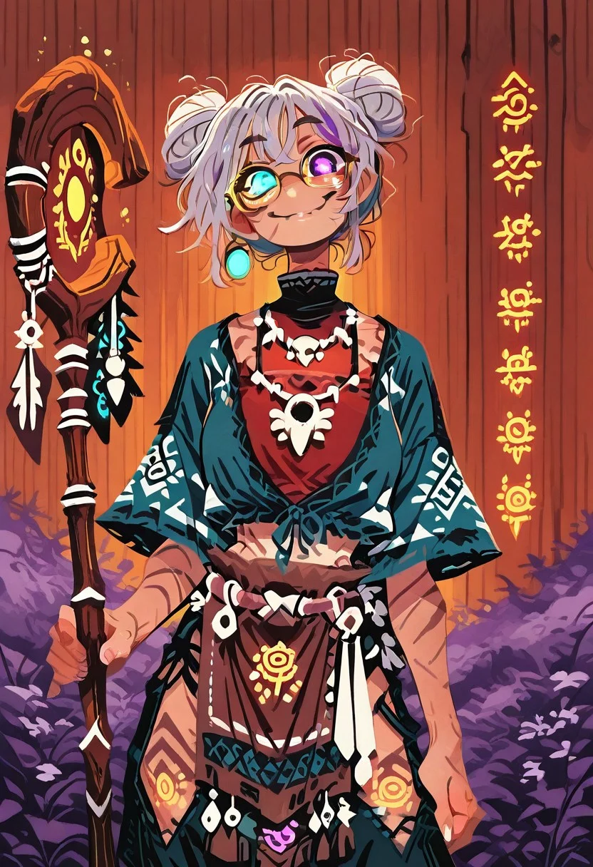 masterpiece, best quality, very aesthetic, absurdres, baro_style ,1girl, solo, silver bun hair, wise smile, wrinkles, spectacles, heterochromia, one gold eye one purple eye, traditional tribal shaman clothes, wooden staff with glowing runes, animal bone necklace