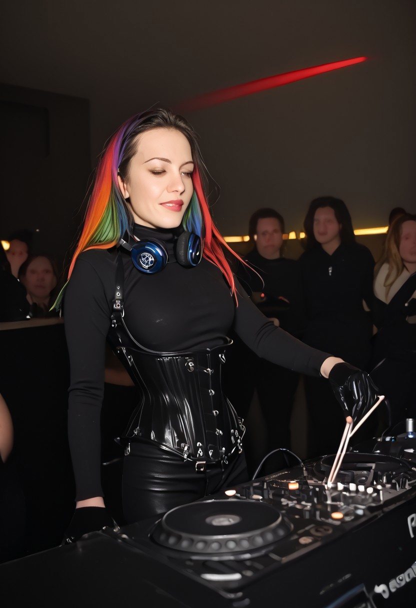 A beautiful petite woman in her 20s with long rainbow hair, in black leather bodysuit, long sleeves, black rubber gloves, corset, HW_Corset, collar, tight black latex pants, 1girl, instrument, playing instrument, dj, 3dmdj, headphones around neck, laser lights,  crowded night club,