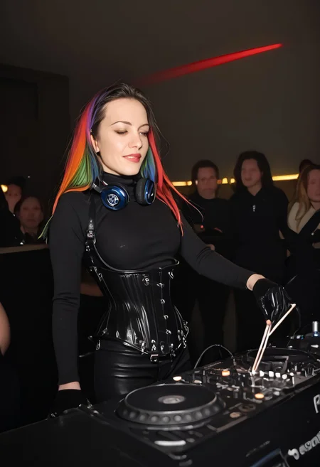 A beautiful petite woman in her 20s with long rainbow hair, in black leather bodysuit, long sleeves, black rubber gloves, corset, HW_Corset, collar, tight black latex pants, 1girl, instrument, playing instrument, dj, 3dmdj, headphones around neck, laser lights, crowded night club,
