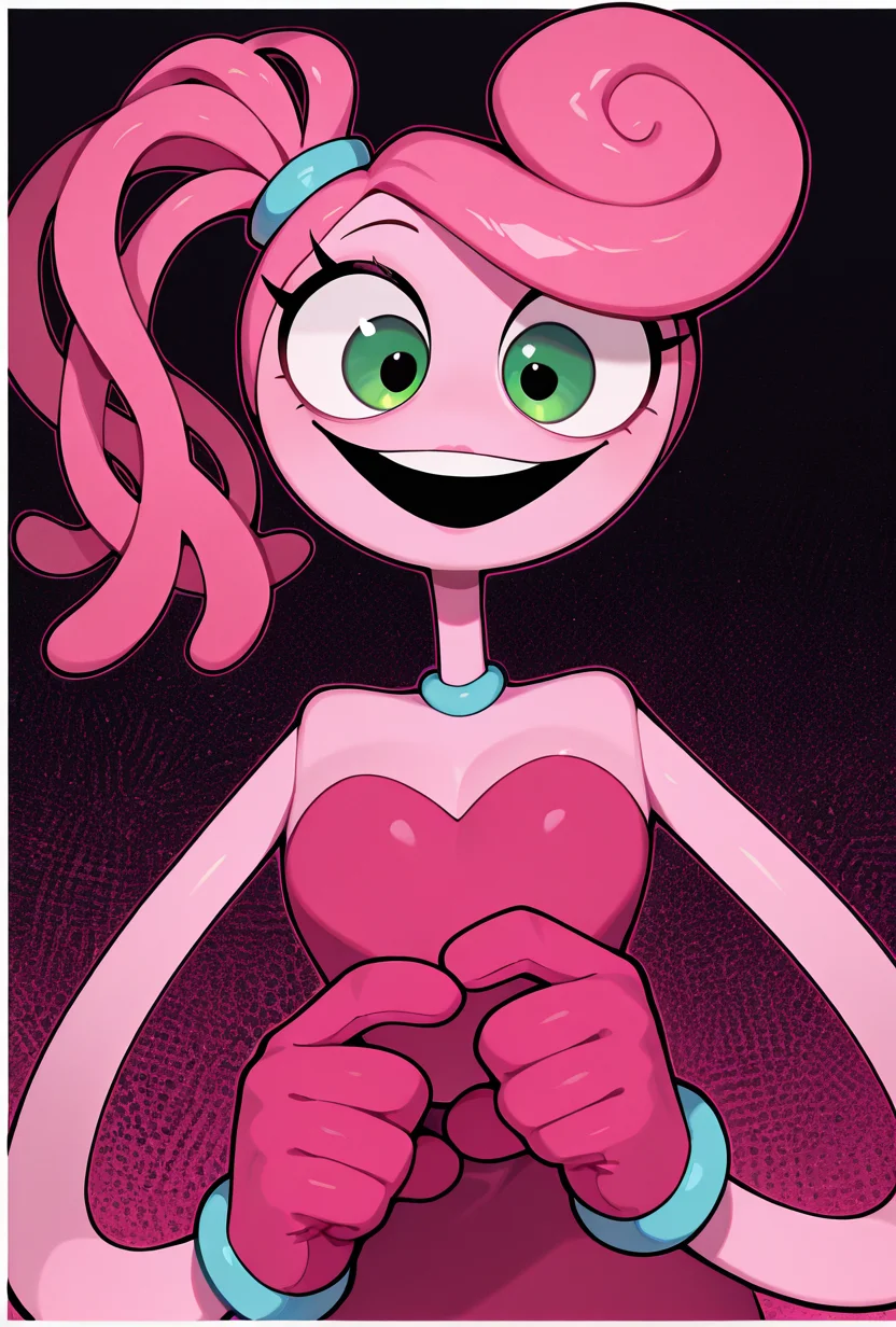 <lora:mmylnglgs-10:1> mmylnglgs, pink hair, 1girl, big smile, green eyes, pink skin, pink gloves, side ponytail, long limbs, round head, dynamic pose,, masterpiece, best quality, amazing quality, very aesthetic, absurdres, newest,, upper body, halftone effect, white borders, abstract background:1.2,