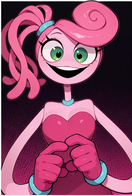<lora:mmylnglgs-10:1> mmylnglgs, pink hair, 1girl, big smile, green eyes, pink skin, pink gloves, side ponytail, long limbs, round head, dynamic pose,, masterpiece, best quality, amazing quality, very aesthetic, absurdres, newest,, upper body, halftone effect, white borders, abstract background:1.2,