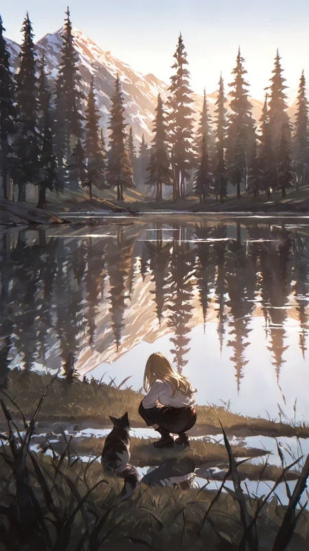 masterpiece, newest,absurdres,incrediblvy absurdres, best quality, amazing quality, very aesthetic, 
1girl, squatting on grass, mountain lake, clear sky, rocky shoreline, reflections on water, tall pine trees, natural lighting
 <lora:Face_Enhancer_Illustrious:0.4>  <lora:[Cygames Mobage (Hideo Minaba Yuya Nagai Ryoji Ohara)] Granblue Fantasy Art Style Illustrious_1656091:1> granbluefantasysyleil