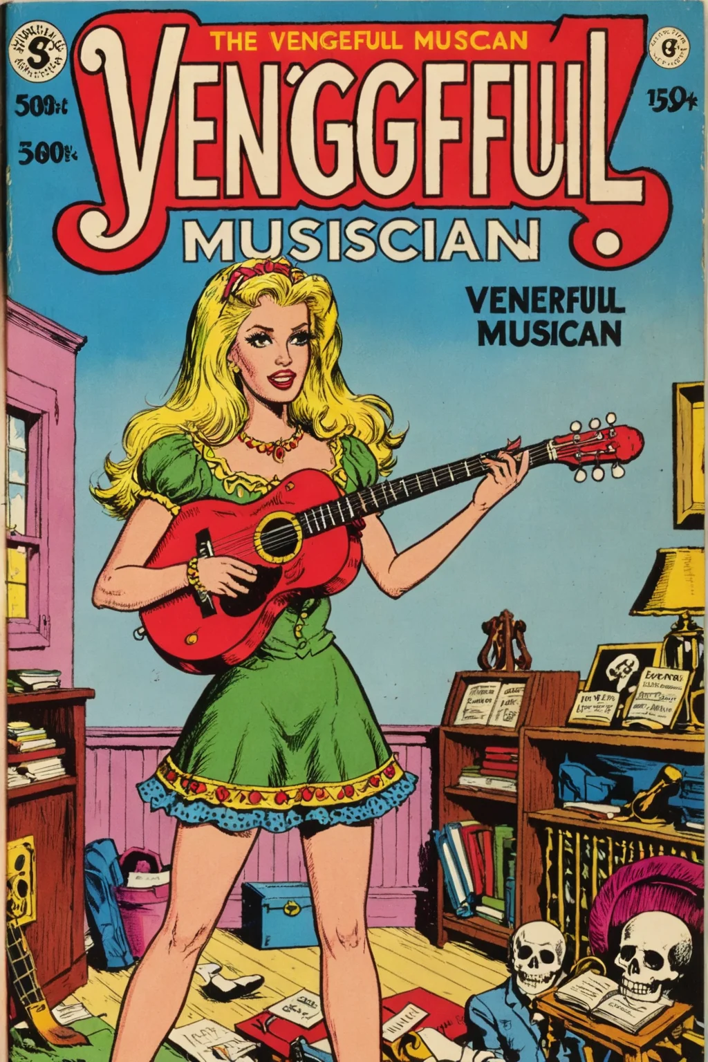 vintage comic book with the title text: "vengeful musician", featuring a whimsical breathtaking detailed illustration of vengeful musician Barbie