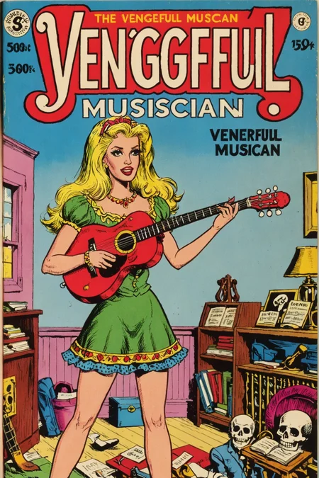 vintage comic book with the title text: "vengeful musician", featuring a whimsical breathtaking detailed illustration of vengeful musician Barbie