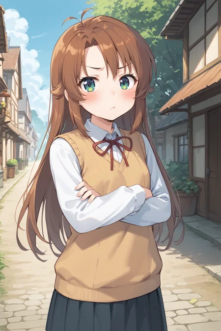 score_9, score_8_up, score_7_up, BREAK
1girl, koshigaya komari, blush, closed mouth, pout, shirt, sweater vest, neck ribbon, skirt, outdoors, village, nature, cowboy shot, looking at viewer, sky, crossed arms, BREAK
<lora:add-detail-xl:1>, <lora:PerfectEyesXL:0.3>, <lora:CinematicStyle_v1:0.5>, <lora:t0nym0r3XLP:0.7>, <lora:Komari_pdxl_v1.0:0.95>