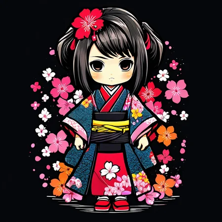(masterpiece, best quality), chibi style, NFSW girl, kimono, sakura flower, NFSW, t-shirt design, dark blackground <lora:chibi_style-000002:1>
