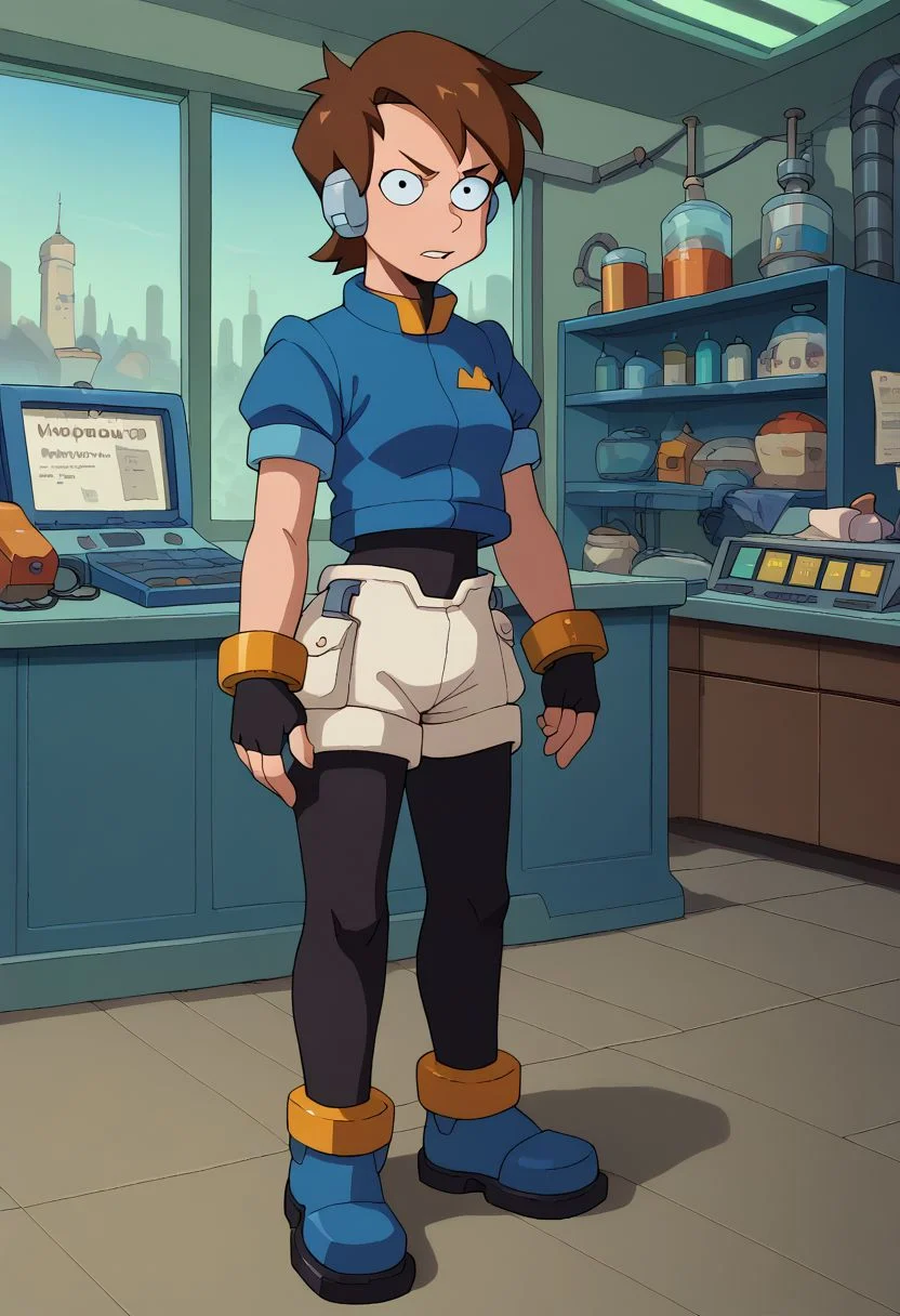 score_9, score_8_up, score_7_up, english text, 1girl, small breasts, brown hair, short hair, circle eyes, dot pupil, overbite, robot ears, black bodysuit, fingerless gloves, blue Cropped Jacket, cropped jacket, short sleeves, bracelet, shorts, anklet, shoes, blue footgear, looking at viewer, standing, source_cartoon, futuramastyle, indoors, laboratory, black pantyhose