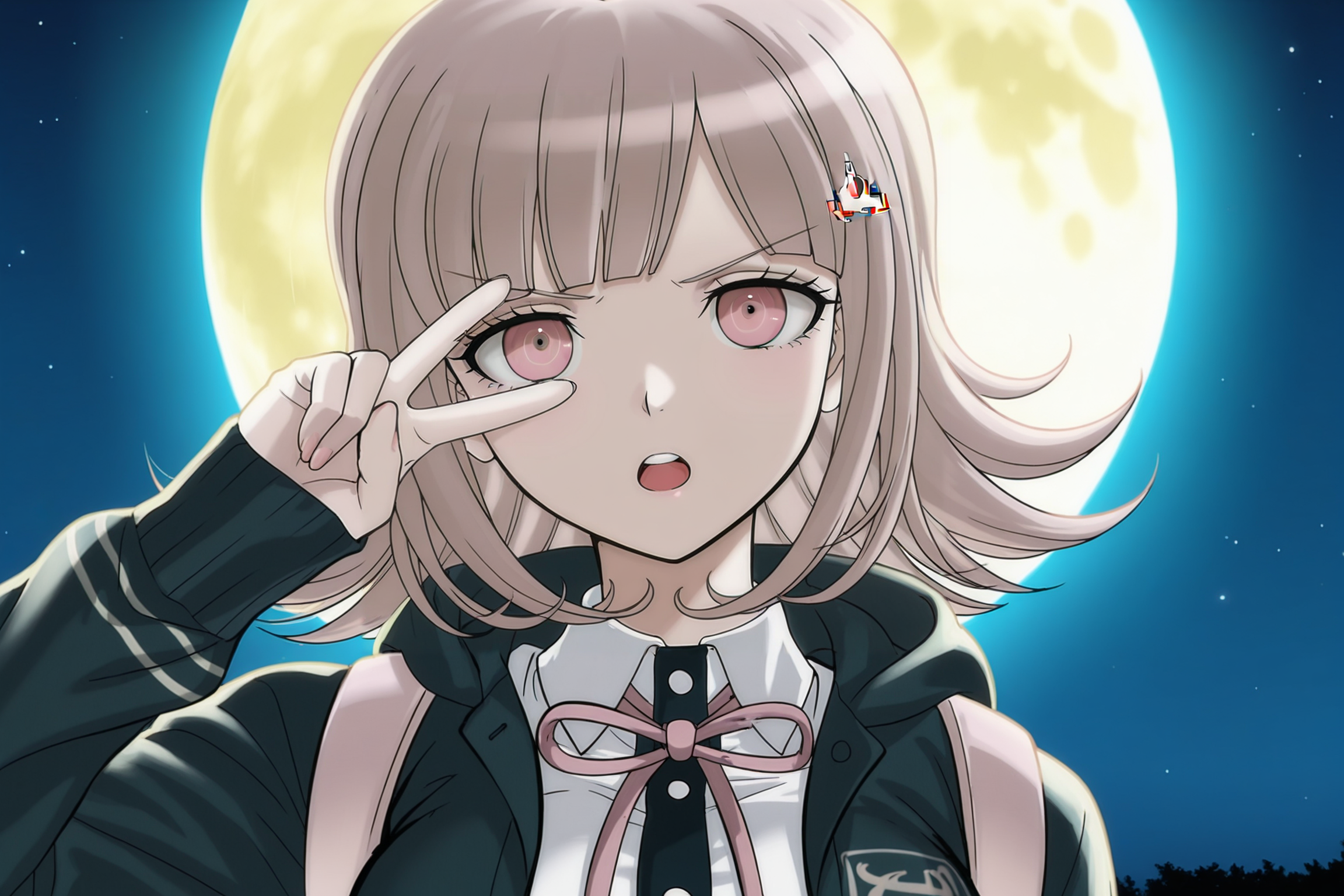anime screencap, masterpiece, best quality, amazing quality, very aesthetic, absurdres,  newest, (scenery, volumetric lighting),
nanami chiaki, official style, 1girl, solo, breasts, looking at viewer, flipped hair, medium hair, light brown hair, pink eyes, open mouth, bangs, hairclip, neck ribbon, pink ribbon, black hoodie, open hoodie, hood down, backpack, pink bag, collared shirt, white shirt, two-tone shirt, long sleeves, portrait, v-shaped eyebrows, shiny hair, v over eye, night sky, dappled moonlight, moon, 
 <lora:Chiaki_IL:0.8>