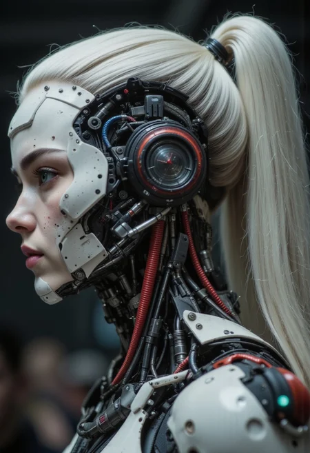 DARK White Hair and cyborg ponytail, Busty, Realistic analog photo, awesome, high Quality, photorealistic, atmospheric lighting, volumetric lighting, cinematic, Epic Film Quality, 0r0105 StarWars Droid Robotic OUtlaw Flair, space cowboy, blushed smiling, large bleaked marine-blue translucent sphere pearl earrings, realistic detailed skin, highly volumetric lighting, Cleavage, ethereal charming Princess Droid with extreme intricate technical parts Face Closeup, wires and cables AS well as translucent Vintage mechanical robotic hoses, vibrant bleaked Red/grey and deep black color graded, Long blonde billowing hair, throwing kiss, Hairband,