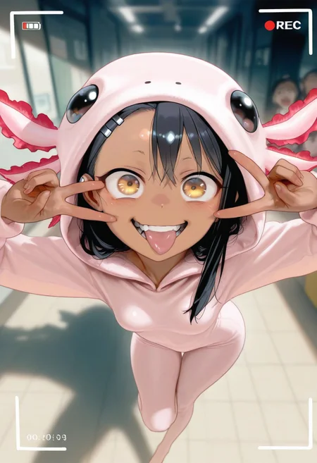 masterpiece, best quality, very aesthetic, absurdres, Detailed face, 8k, Ultra_HD, (detailed background:1.1), 1=2, face closeup, from above, zoom on face, rec, recording frame, photograph,
solo, 1girl, Hayase Nagatoro, petite, beautiful, perfect eyes, (golden eyes:1.1), dark skin, black hair, long hair, tanned skin, tanline, hourglass figure, animal costume, axolotl onesie, skindentation, skinny body, small breasts, short girl, intense gaze, really happy, jocking expression, wide eyes, in front of viewer, face close to the lens, pov, posing, original pose, complex pose, jumping, make a face, teeth, tongue out, one finger under eyelid, very flexible, v sign, wide hips, narrow waist, looking at viewer, puffy lips, detailed background, blurry background, comiket, crowded place,