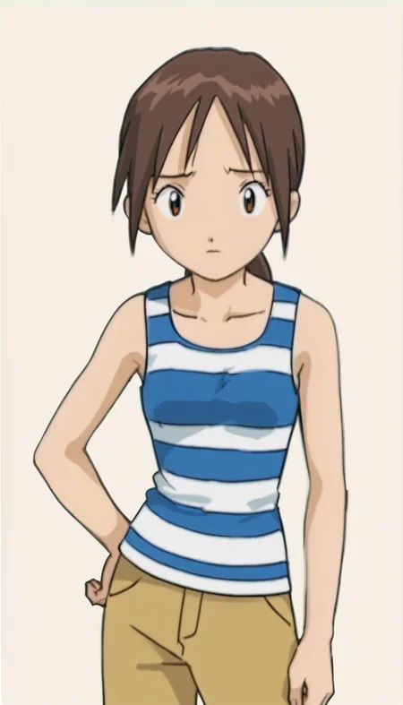 yagamiyuuko,striped,pants,brown hair,brown eyes,ponytail,tank top,<lora:å
«ç¥è£å-000011:0.8>,standing,, anime screencap,score_9,simple background,