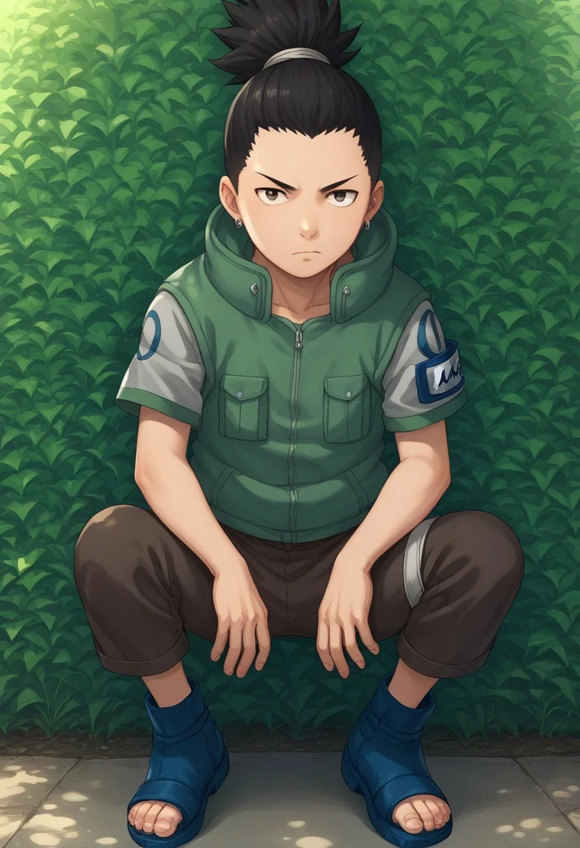 score_9, score_8_up, score_7_up, highly detailed, cute boy, 1boy, solo, young, Shikamaru_Nara, Brown Eyes, Black Hair, Ponytail, Earrings, Flak Jacket, Armband, Brown Pants, Toeless Footwear