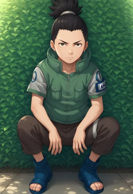 score_9, score_8_up, score_7_up, highly detailed, cute boy, 1boy, solo, young, Shikamaru_Nara, Brown Eyes, Black Hair, Ponytail, Earrings, Flak Jacket, Armband, Brown Pants, Toeless Footwear