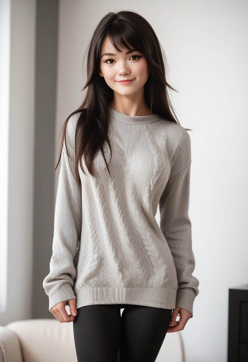 score_9, score_8_up, score_7_up, score_7, score_6_up, solo, 
raw, realistic, d3t41l3d,
1girl, Mei Lin, 24-year-old, Asian, pale skin, slender, long hair, straight hair, black hair, dark brown eyes, beauty mark, delicate features,
casual, black leggings, loose sweater, gray sweater, white sneakers,
standing, confident, smiling warmly, cowboy shot,
in a cozy apartment, modern apartment.
