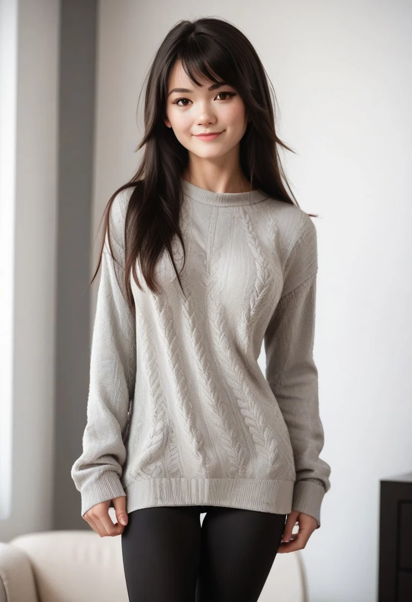 score_9, score_8_up, score_7_up, score_7, score_6_up, solo,
raw, realistic, d3t41l3d,
1girl, Mei Lin, 24-year-old, Asian, pale skin, slender, long hair, straight hair, black hair, dark brown eyes, beauty mark, delicate features,
casual, black leggings, loose sweater, gray sweater, white sneakers,
standing, confident, smiling warmly, cowboy shot,
in a cozy apartment, modern apartment.