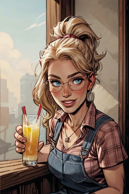 solo, 1girl, mature woman, blonde hair, ponytail,hair band, blue eyes, small perfect round breast, amazing pert butt, long hair, black glasses, wrinkles, freckles, a closer view, detailed face, fFaceDetail, graphic novel illustration, comics style, retro setting, sixties, noir style, earrings, necklace, farmer woman, at farm, overalls, red checked shirt with rolled up sleeves, smile, close up, looking at the view, Portrait, Vintage Style, vintage, tall female, jim lee, sitting on a bench near the house, sun, table, jug of lemonade and glasses of lemonade, close up, front view, looking at the view, Portrait,