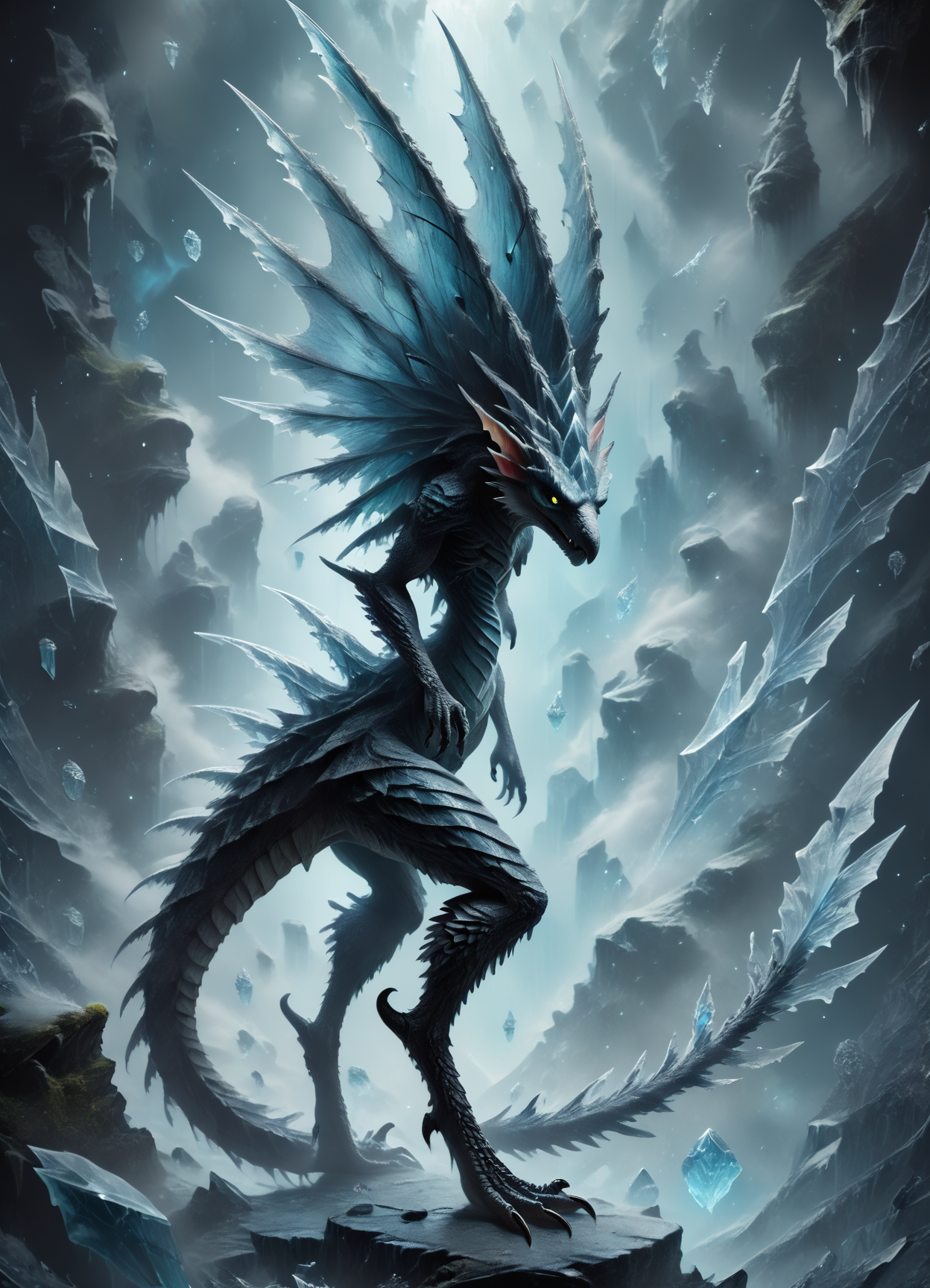 DonMGl00my1c3XL,score_9, score_8_up, score_7_up, score_6_up,black ice, a mycelium stony psionic elongated  Seltas Queen wyvern,  tail barb, elongated head, long plantigrade legs,    crystalline tails, , rating_safe <lora:DonMGl00my1c3XL-pony:0.8>
