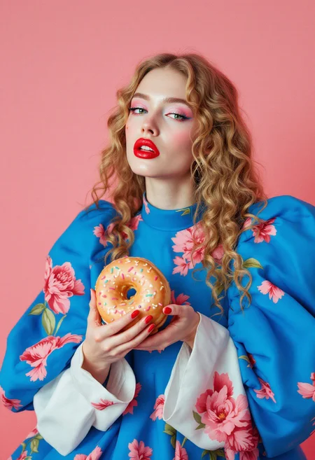 A fashion film still of an oversized royal-blue dress with a pink floral print, white sleeves, and puffy shoulders in the style of Yohji Yamamoto, featuring bold red lipstick and pastel makeup on the model with long blond curly hair holding a doughnut, against a pale - red background, in the style of Wes Anderson, 32K, Ultra Realistic, beautifully color - coded, beautifully color graded