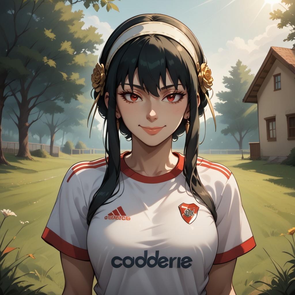 score_9, score_8, BREAK, solo, yor briar, black hair, red eyes, sidelocks, hairband, short hair with long locks, white hairband, RiverPlate, striped shirt, striped, shirt, white shirt, short sleeves, clothes writing, sportswear, soccer uniform, house wife, sexy pose, self portrait, smile, outdoors, sunlight, shadows, evening lighting, natural lighting, forest, trees, grass, orange sky, sunset