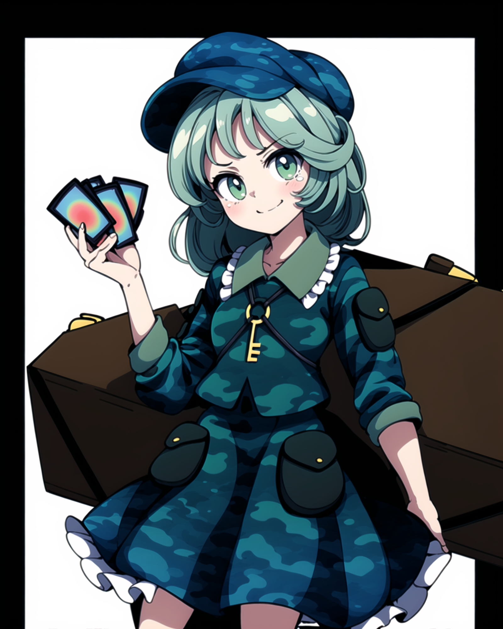 <lora:touhou_yamashiro-11:1>, cowboy shot, solo, 1girl, yamashiro takane, smile, looking at viewer, hat, flat cap, camouflage, frills, shirt, long sleeves, green skirt, boots, key, jungler, <lora:add_detail:1>, masterpiece, best quality, perfect_composition,