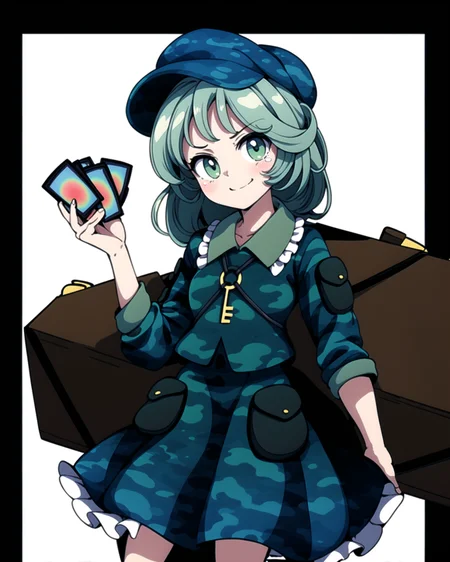 <lora:touhou_yamashiro-11:1>, cowboy shot, solo, 1girl, yamashiro takane, smile, looking at viewer, hat, flat cap, camouflage, frills, shirt, long sleeves, green skirt, boots, key, jungler, <lora:add_detail:1>, masterpiece, best quality, perfect_composition,