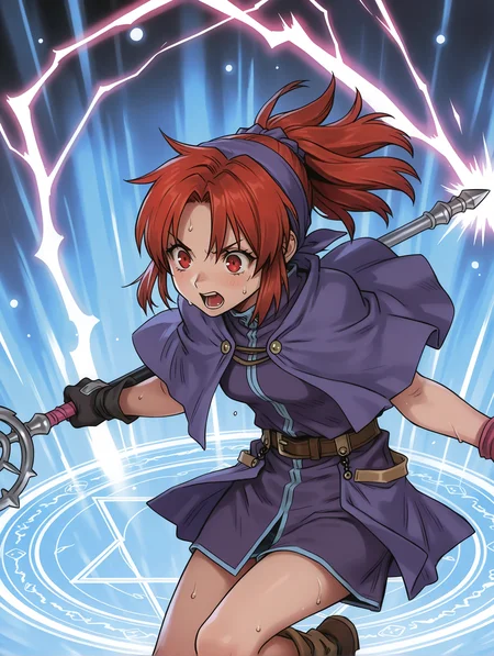 masterpiece,best quality,newest,
solo,1girl,
<lora:chris_ilxl_v1.1:1>,chris,red hair,red eyes,c_clothes,single glove,holding wand,
<lora:Fixhands_anime_bdsqlsz_V1:1>,move,motion blurry,motion lines,dynamic,speed,battle,serious,magic,magical,wizard,sparkling sweat,floating hair,sweating profusely,screaming,sweat,heavy_breathing,staff engulfed in lightning,thunderbolt javelin,magic circle,light particles,charged atmosphere,