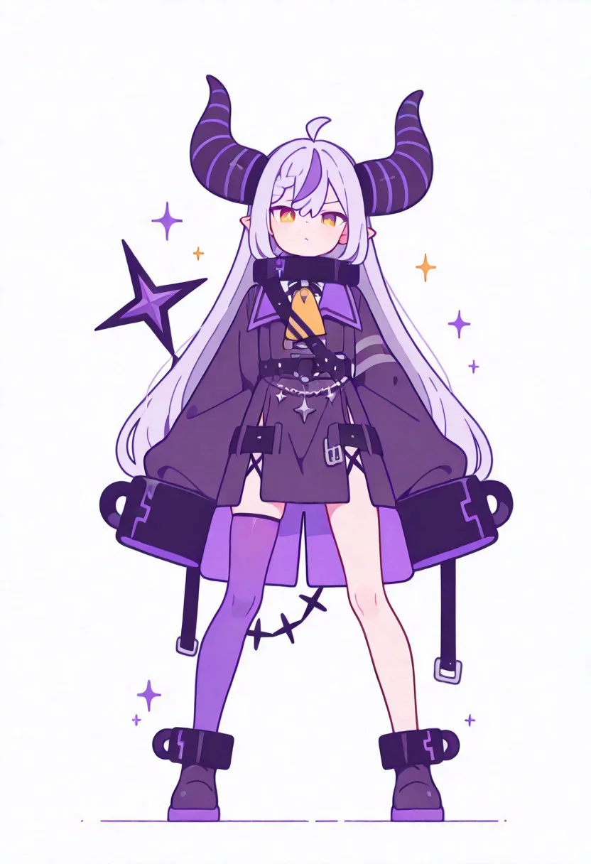 Flatline, Flat vector illustration, looking at viewer, full_body,
ct_l4plus, flat chest, metal collar, purple coat, yellow ascot, sleeves past fingers, single thighhigh, purple thighhigh
slim, slender, fair skin, clear skin, beauty skin, smooth skin, shiny skin, beautiful legs, long legs,
shoes,
from front, front view, straight-on, look at viewer, standing, (legs apart:1.4),
white background,