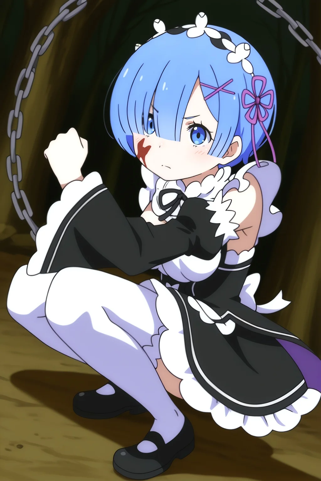 <lora:Rem:0.8> rem (re:zero), roswaal mansion maid uniform, blue hair, blue eyes, pink hair ornament, morningstar weapon, battle stance, crouching pose, serious expression, black bow tie, white ruffles, dark forest background, night scene, holding weapon, chain weapon, black shoes, action pose, dynamic angle, blood on face, combat ready