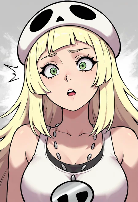 masterpiece, best quality, 1girl, solo, (portrait), zzSkullLillie, blonde hair, long hair, green eyes, white hat, sleeveless tank top, jewelry, skull necklace, surprised expression, wide eyes, open mouth, slightly raised eyebrows, startled look, upper body shot, dynamic background â With wide, startled eyes and a parted mouth, zzSkullLillie freezes mid-motion. Her green eyes shimmer with surprise, and her white hat tilts precariously. The chaotic motion in the background contrasts with her vivid, expressive reaction, capturing a fleeting moment of shock. ,dynamic pose, foreshortening, ,<lora:SkullLillie_IXL:0.8>,