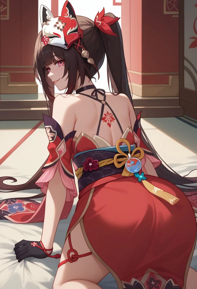 score_9, score_8_up, score_7_up, source_anime, 1girl, sparkledef, pink eyes, long hair, twintails, fox mask, mask on head, bell, black choker, bare shoulders, back tattoo, criss-cross halter, detached sleeves, red dress, japanese clothes, obi, black sash, black gloves, single glove, thigh strap, ((all fours)), smile, looking at viewer, indoors, shrine, portrait, close-up, facing viewer, from behind, looking back, ass, from side, <lora:Sparkle_v1-000010:1>