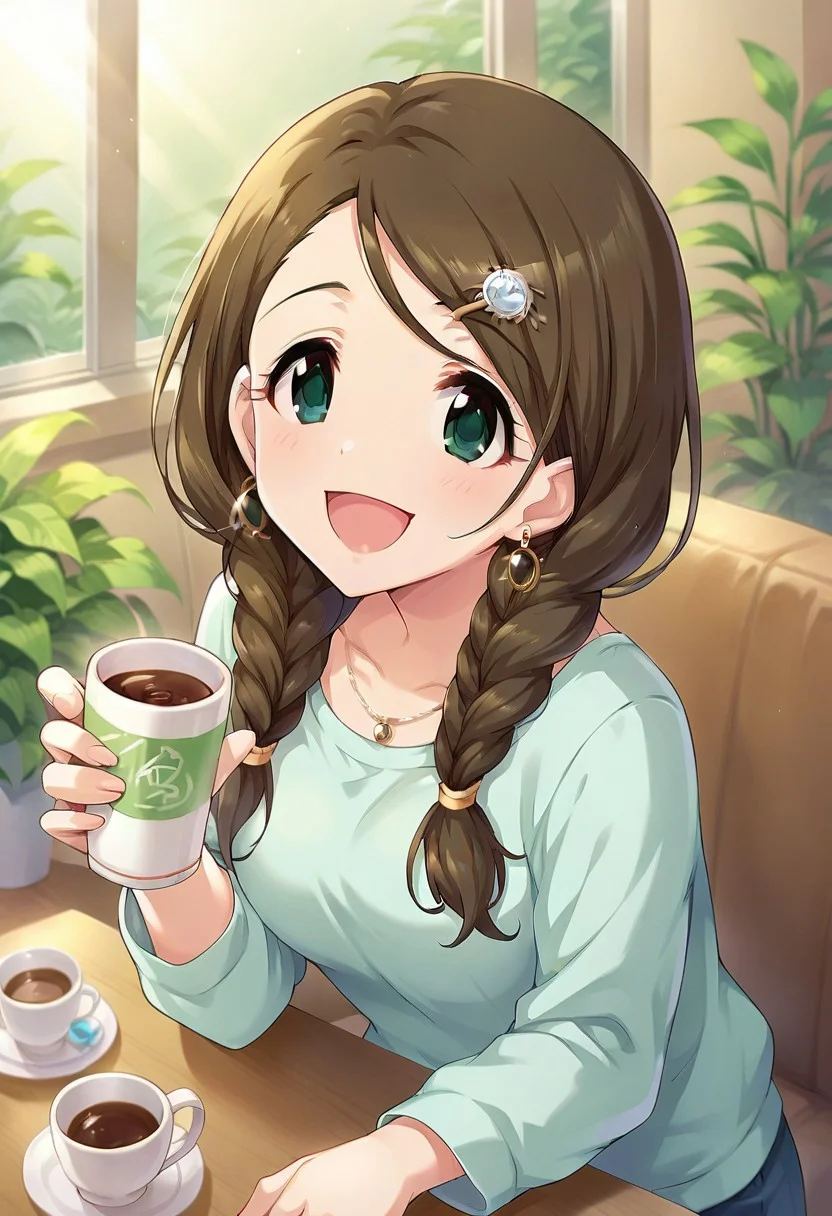 score_9, score_8_up, score_7_up, source_anime,akanishi erika, long hair, brown hair, twin braids, green eyes, 1girl, braid, solo, hair ornament, jewelry, smile, earrings, hairclip, cup, open mouth