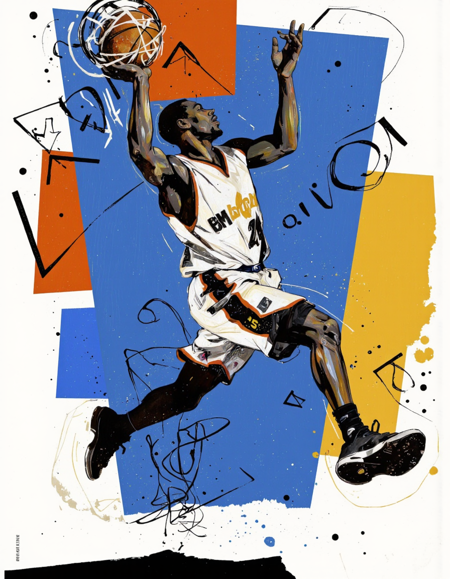 By Martin French. A digital illustration shoot from below about a stylized illustration of a basketball player in mid-air, dunking the ball against a colorful abstract background featuring geometric shapes and lines in shades of blue, orange, and yellow. the image also shows a dynamic silhouette of a male basketball player, who appears to be a black man, in the middle of the image, with his upper body facing the viewer. he is wearing a white and black jersey with black and orange accents, and black shoes. the player is in a dynamic pose, with one leg extended forward and the other bent at the knee, as if he is about to take a shot. the background features a blue and orange abstract design with splashes of paint and geometric shapes, creating a dynamic and energetic atmosphere. the artist's signature is visible in the bottom right corner. <lora:Martin_French:0.85>