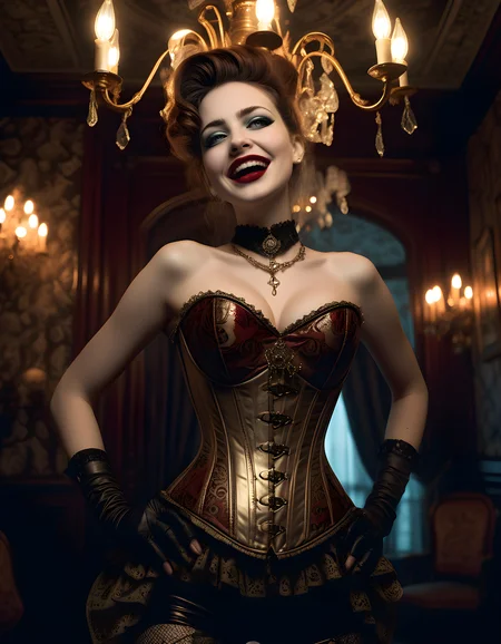 In a dimly lit, Victorian-inspired parlor adorned with antique furniture and intricate wallpaper, the camera focuses on M4R150L, a woman dressed in an extravagant steampunk outfit, her metallic corset glinting under the soft glow of a brass chandelier. Her piercing myr4mn5 eyes sparkle with delight as she offers a radiant smile, revealing an array of gleaming teeth that contrast sharply with her dark, blood-red lipstick. The camera captures her from a low angle, emphasizing the curvature of her bust and the intricate details of her outfit, while the background fades into darkness, leaving the subject in stark relief against the gloom. The emotional tone is one of playful mischief and captivating allure.