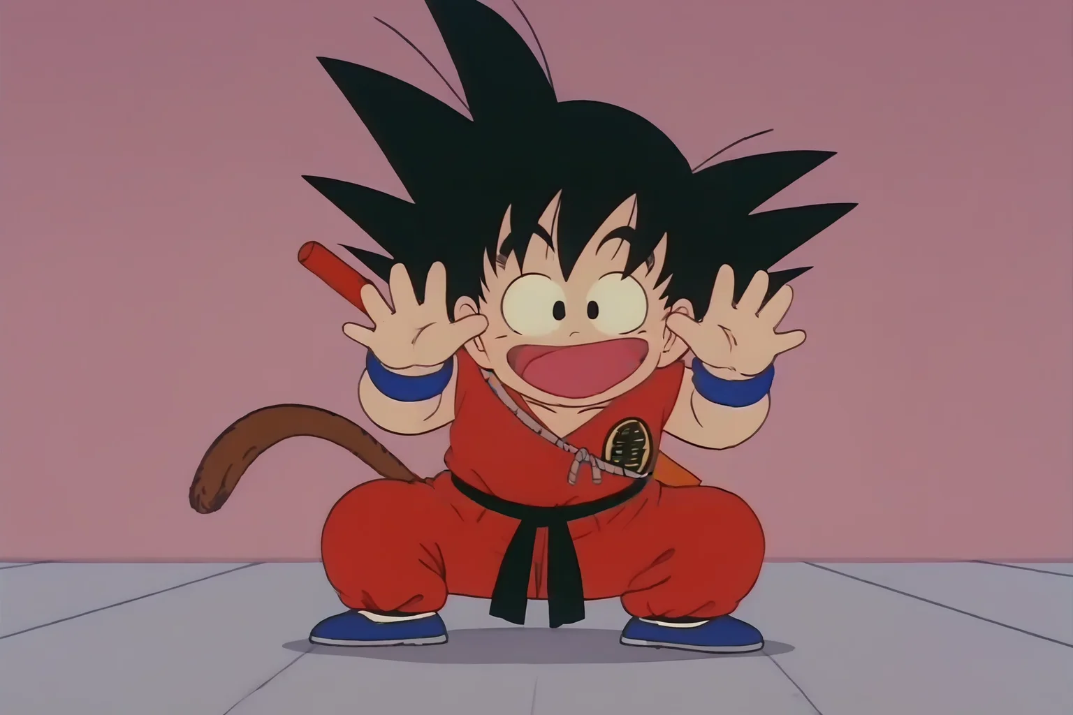 source_anime, score_9, score_8_up, score_7_up, anime screencap,8k, absurd res, son goku, solo, looking at viewer, smile, open mouth, black hair, 1boy, tail, full body, :d, male focus, black eyes, happy, spiked hair, wristband, fighting stance, dougi, against glass, monkey tail, white legwear, weapon on back, waving, shoes, socks, squatting, red pants, red topwear, symbol, raised eyebrows, print topwear, palms, male child, chibi, clothes writing, blue wristband, blue footwear, black sash, 1980s \(style\), retro artstyle, sleeveless
<lora:gokudb_pony_v3:0.8>
