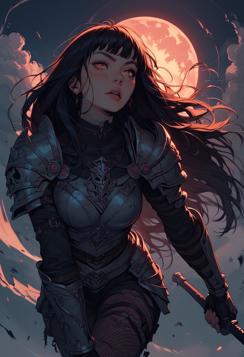 Score_9, Score8_up, Score_7_up, (((High Resolution, Best Quality))), 
1girl, beautiful, breasts, battle scarred, damaged armor, fishnets under armor, bangs, long hair, plated armour, holding sword, battle stance, dynamic angle, ancient fantasy city, battle-ready stance, dynamic pose, at night, moonlight, riding a nimbus cloud, nimbus, wukong theme, directional lighting, viewed from above,