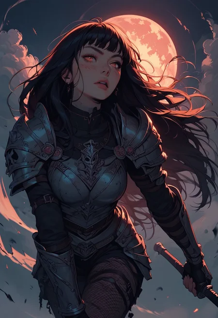 Score_9, Score8_up, Score_7_up, (((High Resolution, Best Quality))),
1girl, beautiful, breasts, battle scarred, damaged armor, fishnets under armor, bangs, long hair, plated armour, holding sword, battle stance, dynamic angle, ancient fantasy city, battle-ready stance, dynamic pose, at night, moonlight, riding a nimbus cloud, nimbus, wukong theme, directional lighting, viewed from above,