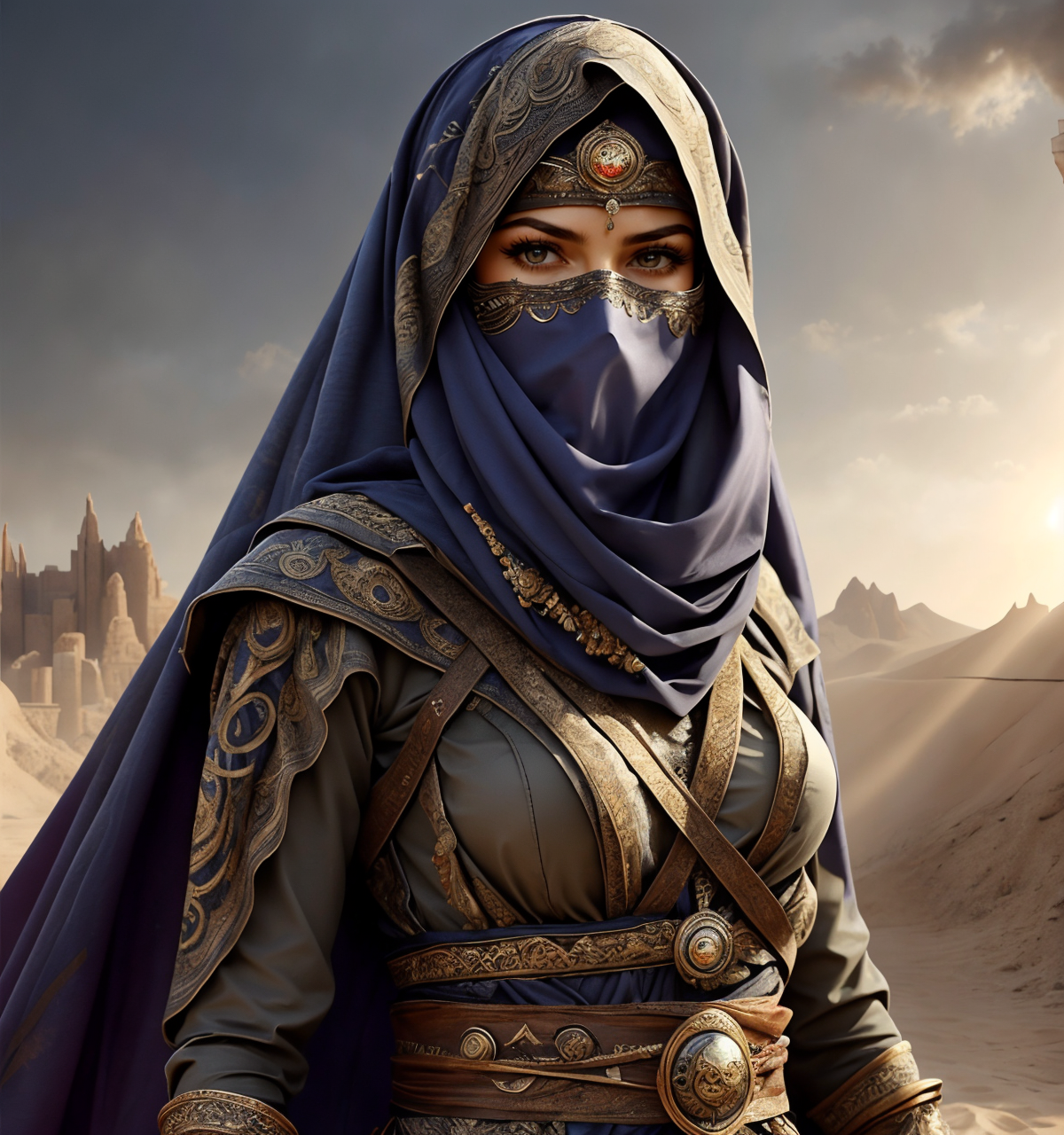 RAW photo, (masterpiece:1.3), subsurface scattering, heavy shadow, (high quality:1.4), (intricate, high detail:1.2), professional photography, HDR, High Dynamic Range, realistic, ultra realistic, photorealistic, high resolution, film photography, ambient lighting, atmospheric effects, <lora:detail_slider_v4:2>, OverallDetail, 1girl, arar, belt, boots, cape, mask, face cover, covered mouth, dark-skinned female, desert, upper body, jewelry, looking at viewer, medium breasts, realistic, sash, simple background, solo, veil,  <lora:ArabianArmor:1>