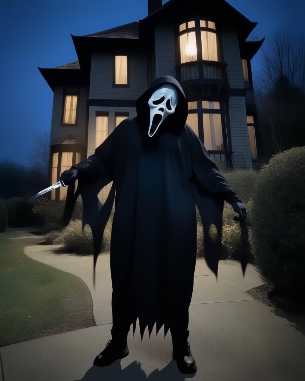 man, ghostface mask, ghostface costume,
black gloves, holding knife.
night, house.
 <lora:GhostfaceMask_v1_1:0.8>