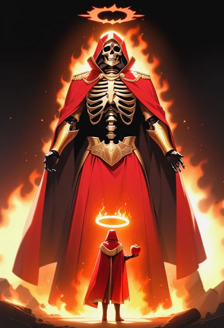 no_human,armored_gloves,bottle,burning,cape,fire_halo,food,full_body,gold_trim,halo,headless,red_cape,red_robe,robe,royal_robe,sausage,skeleton,circle of fire,standing,extends your hand,holds an apple,tattoo on the body,extremely detailed,deep shadow,<lora:anime enhancer V3 xl:1>,volumetric,light,shadow,