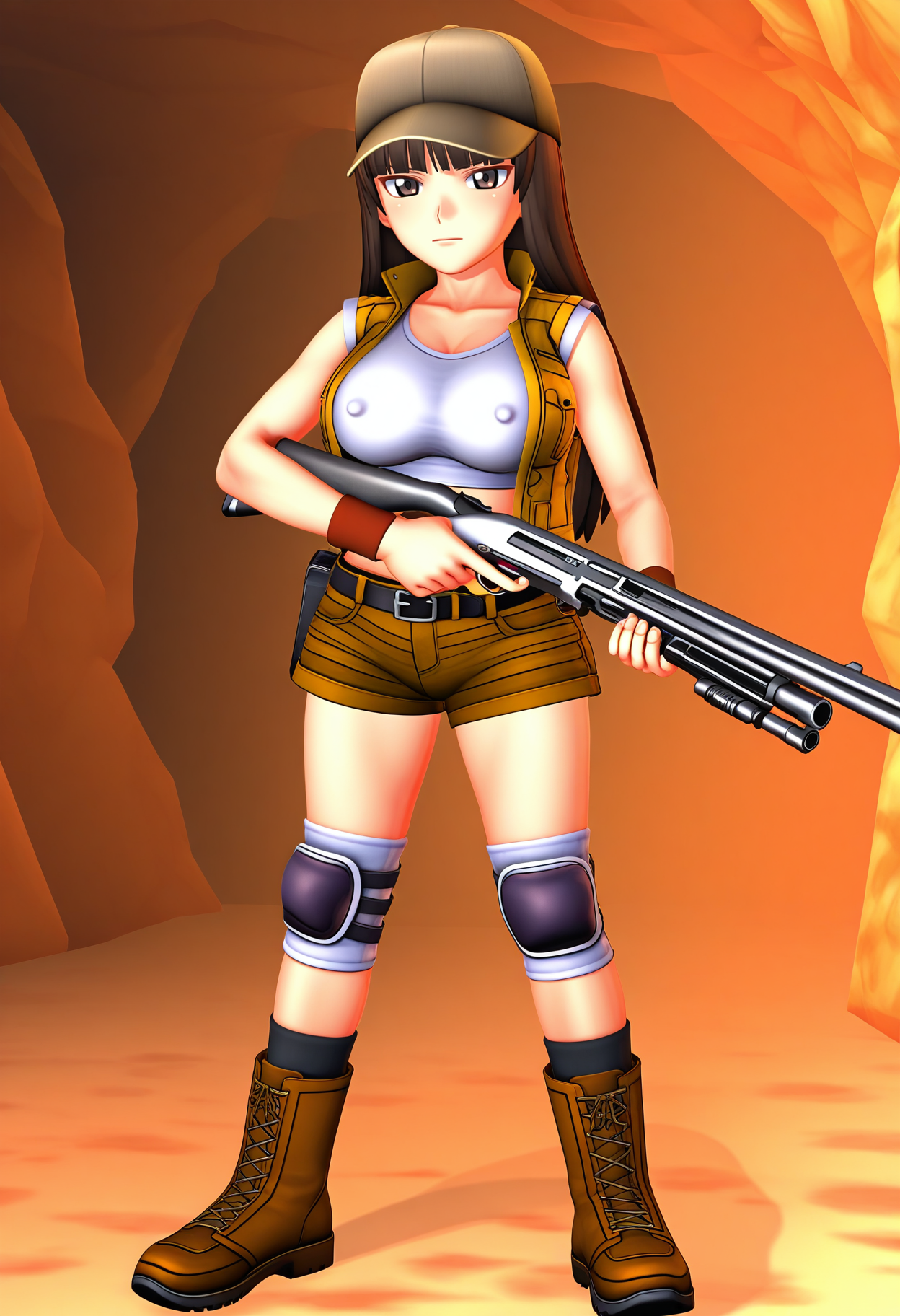 best hands, 5 fingers, <lora:Fio_3dot_IL1.2:0.8>, 
3d_Deformation_style, 1girl, solo, baseball cap, black long hair, nishizumi shiho, black eyes, large breasts,  
open vest, white crop top, belt, brown short shorts, wristband, knee pads, brown boots, covered nipples, 
holding shotgun, 
outdoors, cave,