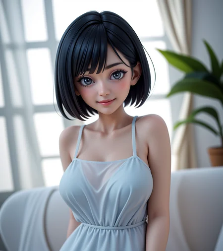 masterpiece, best quality,  a woman, short hair, inverted bob, straight hair,  with a blue and white dress and a plant in the background with a white curtain behind her, a photocopy, seductive smile,  <lora:LCM_LoRA_Weights_SD15:0.7>