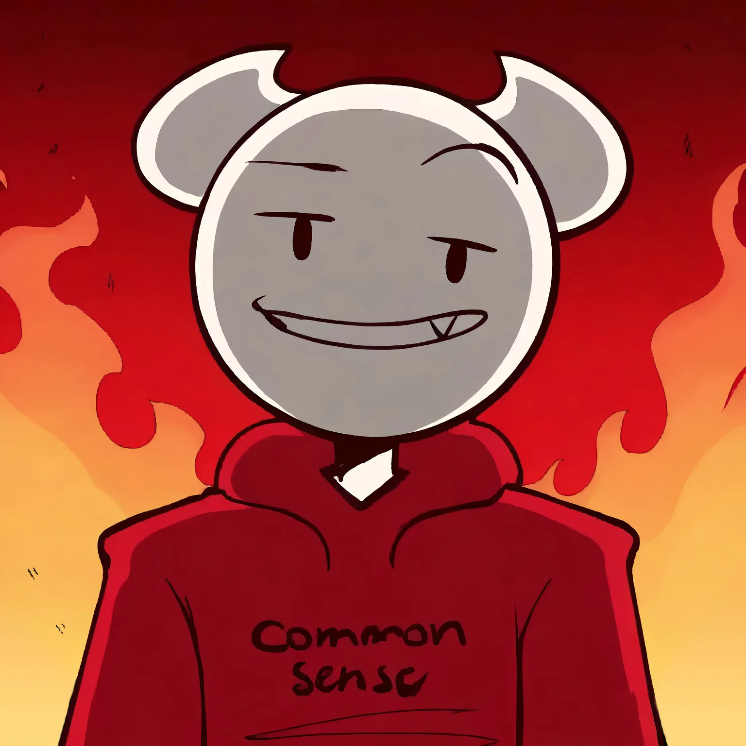<lora:AdamSomeThingElseYTIllustrations:1> source_cartoon, adam_somethingelseyt_illustrious, 1boy, solo, humanoid, white skin, horns, red hoodie, clothes writing, hood down BREAK upper body, raised eyebrow, looking at viewer, narrowed eyes, evil smile, smug BREAK flat colors, shadows, fire