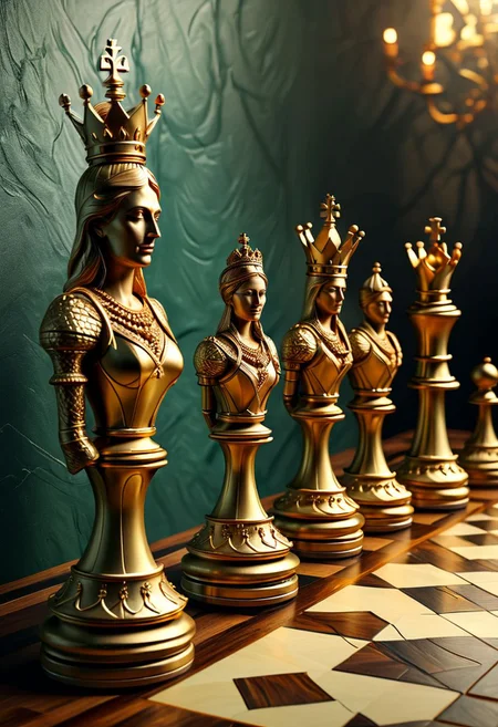 ral-tr33brnch, Arttrttrt, extreme Long Shot, masterpiece, intricate detail, best quality, absurd resolution, 
Stylized chess pieces. Queen chess, Chess game, chess board, luxury and golden design. Photo realistic, cinematic light, concept art. ,